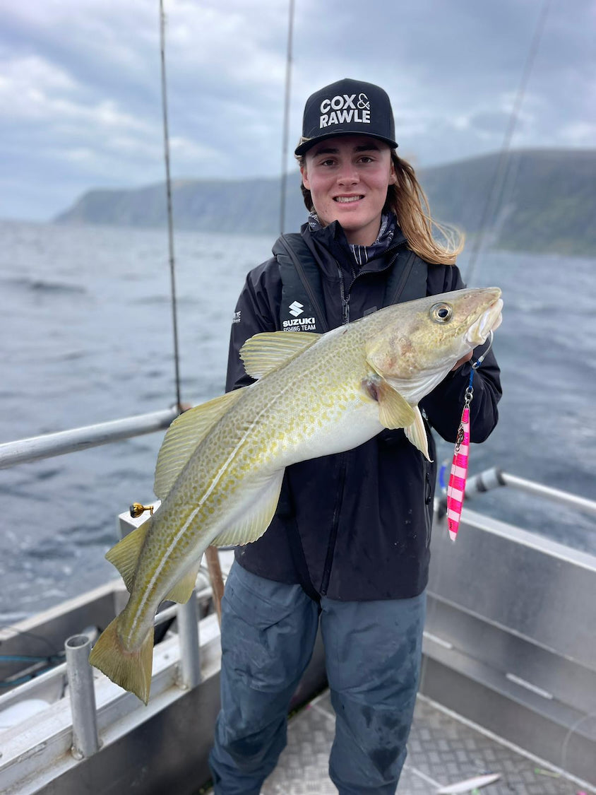 Cod caught jigging at Sandland Brygge Norway using the Fish Nugz Abyss Jig