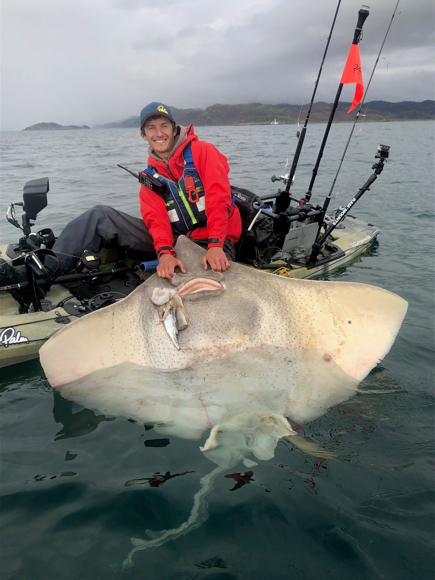 Liam with a big Common Skate caught from his fishing kayak
